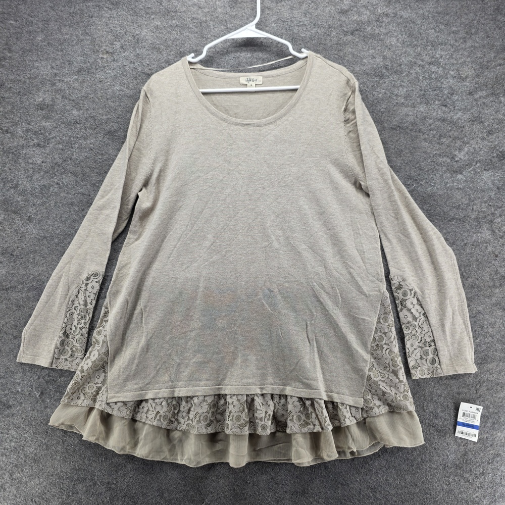 Style & Co Blouse Tunic Womens XL Beige Lace Ruffle Hem Long Sleeve Knit